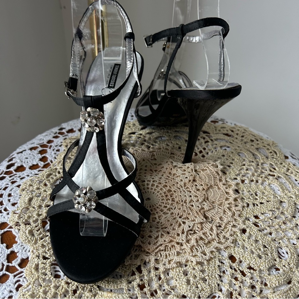 Elegant Black Strappy Heels with Rhinestone Accents
